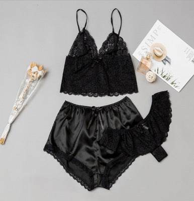 Satin Lingerie Lace Shorts Set - Mubimart