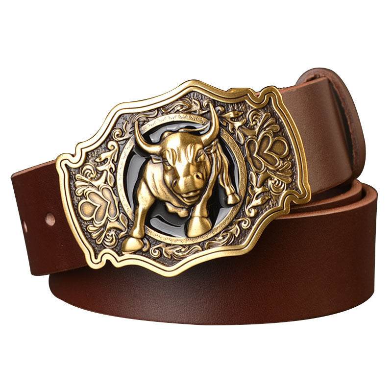 Men's Copper Buckle Head Layer Cowhide Plate Buckle Smooth Buckle Belt - Mubimart