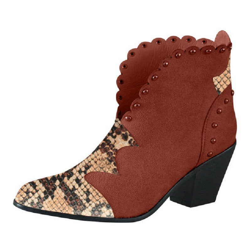 Block-heel rivet color-block snake print ankle boots