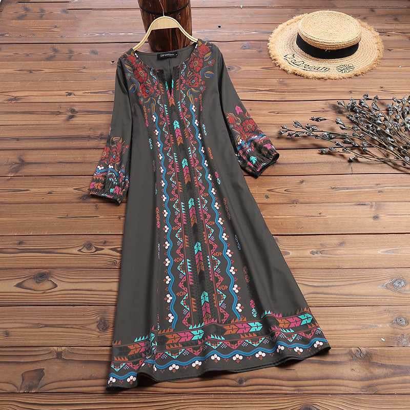 Printed casual tunic dress bohemian - Mubimart