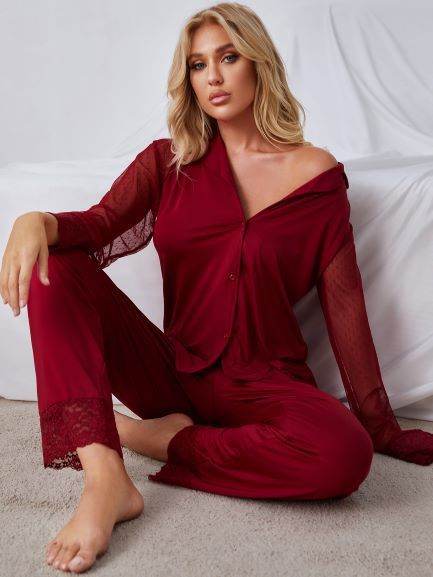 Women's Solid Color Net Gauze Long-sleeved Top And Trousers Pajama Set - Mubimart