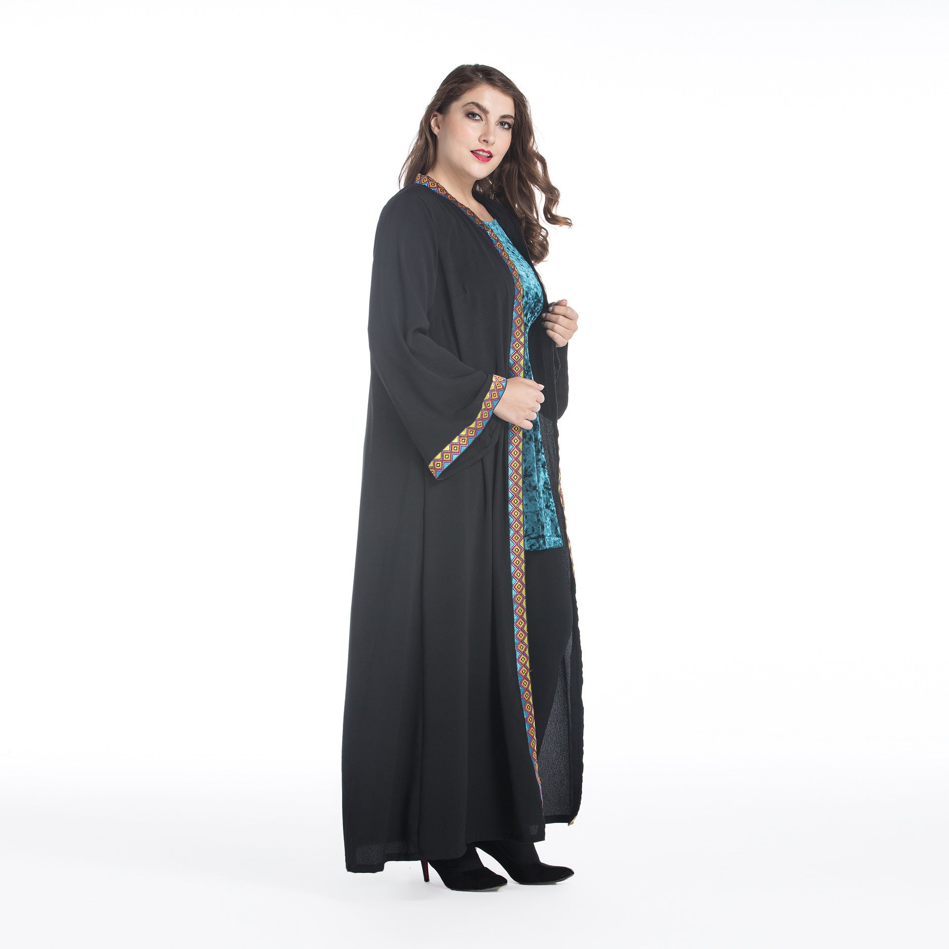 Loose Plus Size Paris Beads Retro Patchwork Long Sleeve Robe - Mubimart -  