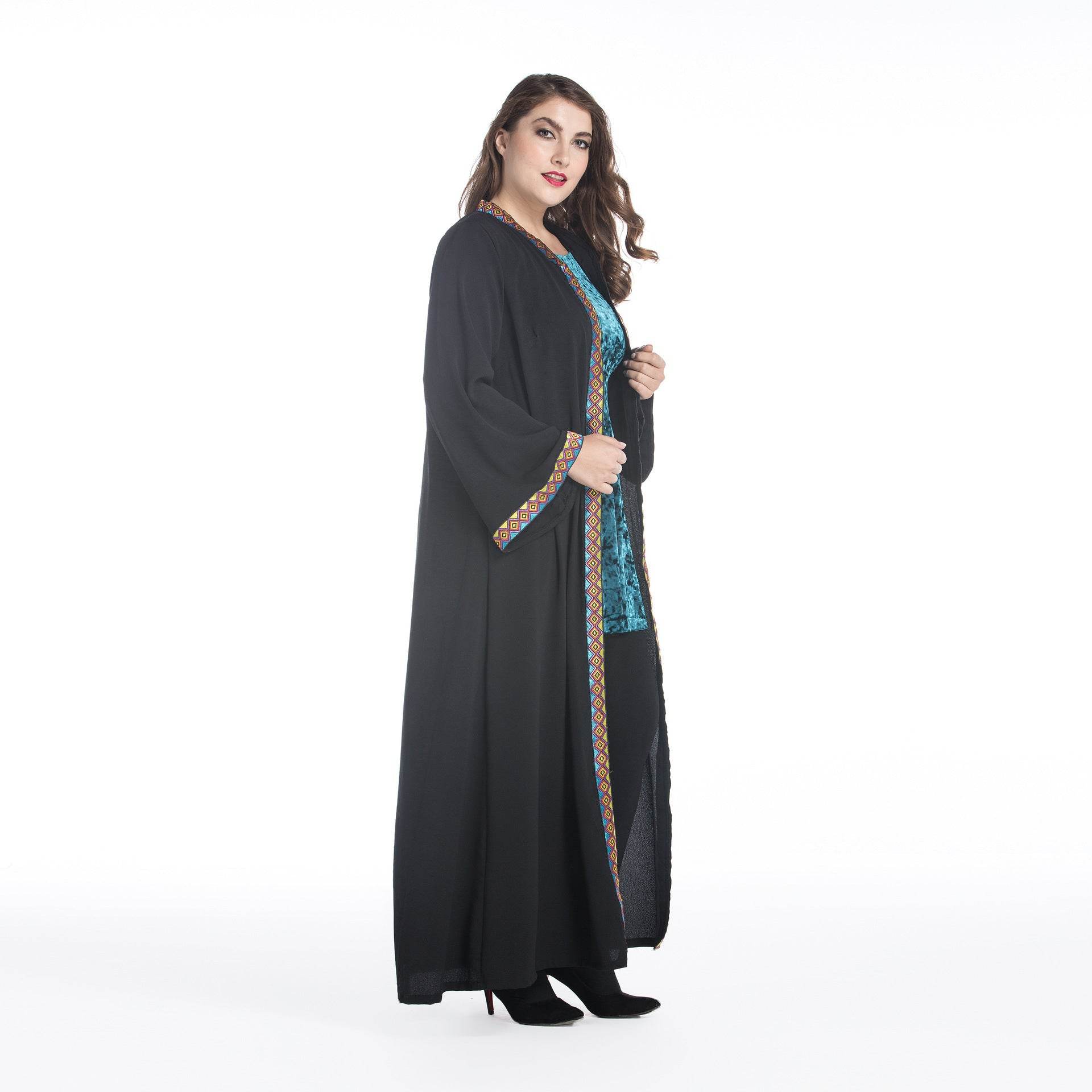 Loose Plus Size Paris Beads Retro Patchwork Long Sleeve Robe - Mubimart