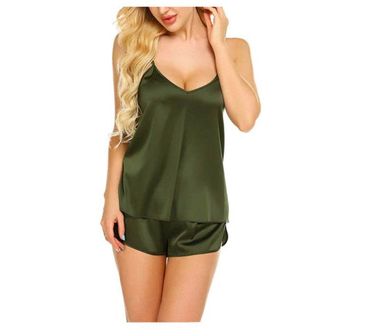 Satin pajama suit with suspenders - Mubimart
