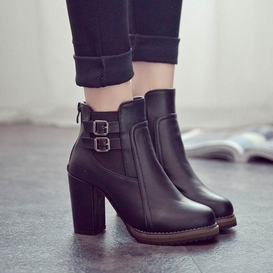 British retro thick with belt buckle boots high heel elastic women's booties - Mubimart