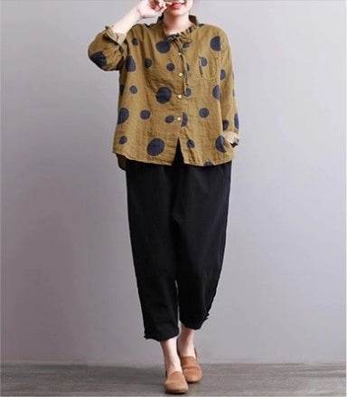 Casual Polka Dot Print Stand Collar Loose Women Blouses - Mubimart