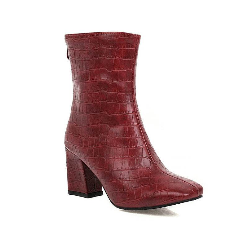 Stone Pattern Stretch Boots Square Toe Boots - Mubimart