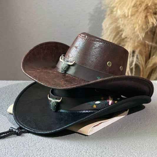 Wide Brim Cow Head Belt Embroidered Western Cowboy Hat Outdoor Tibetan Fedora - Mubimart