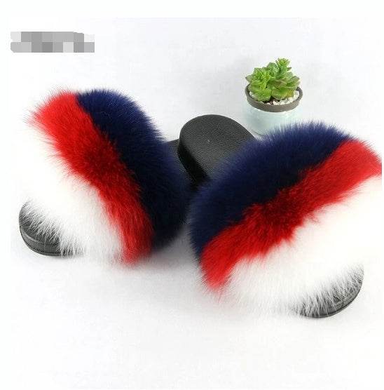 Fox fur slippers flip flops - Mubimart