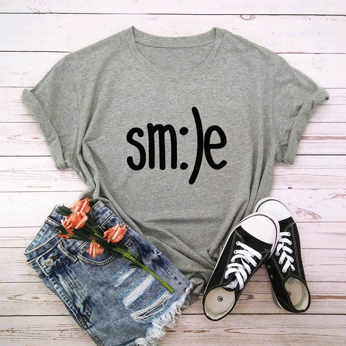 S-5XL Plus Size TShirt Women New Smile Letter Printed Shirt O Neck Short Sleeve Tees Summer Top 100%cotton Women's T-shirts - Mubimart
