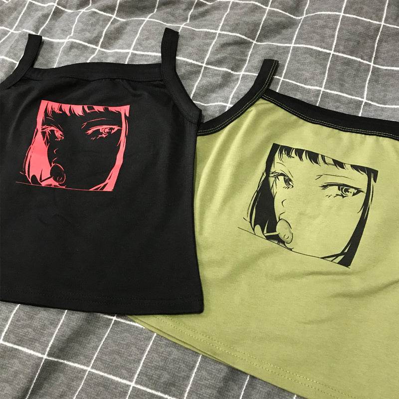 Summer Harajuku Anime Print Slim Sleeveless Short Bottom Shirt Top Student Wild Camisole - Mubimart