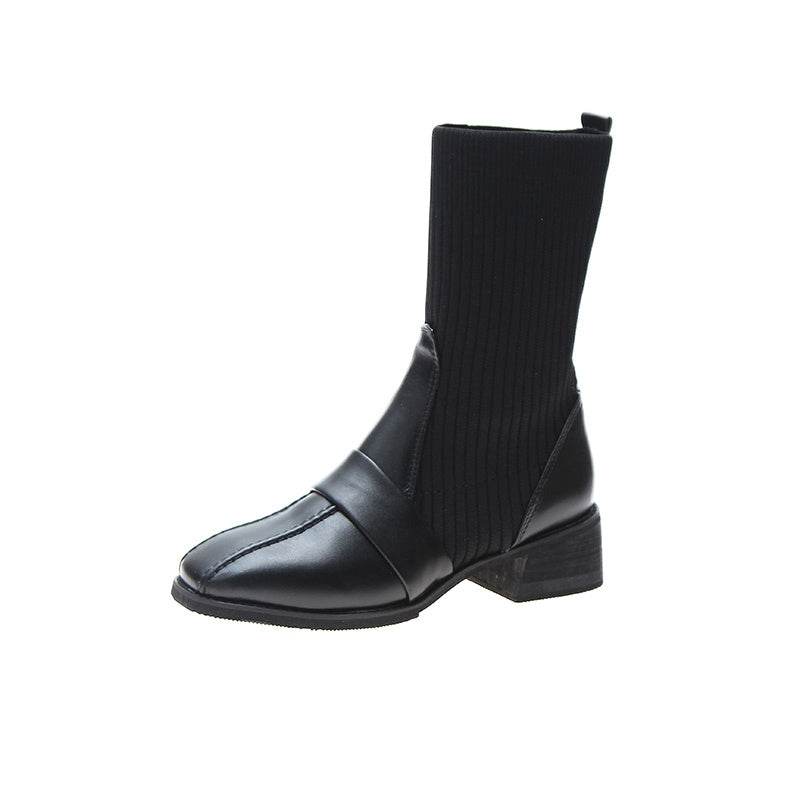 British Style Square Toe Mid-tube Knitted Martin Boots Women - Mubimart
