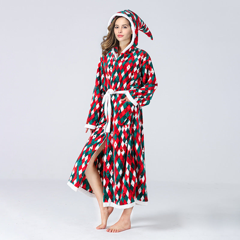 Christmas Sleepwear Women Fleece Hooded Bathrobe Plush Long Robe Winter - Mubimart -  