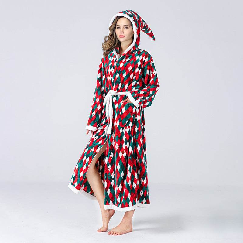Christmas Sleepwear Women Fleece Hooded Bathrobe Plush Long Robe Winter - Mubimart