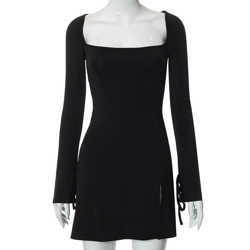 Ins Square-neck Long Sleeve Dress Fashion Slim Hip-covering Split Design Short Skirt Women's Clothing - Mubimart