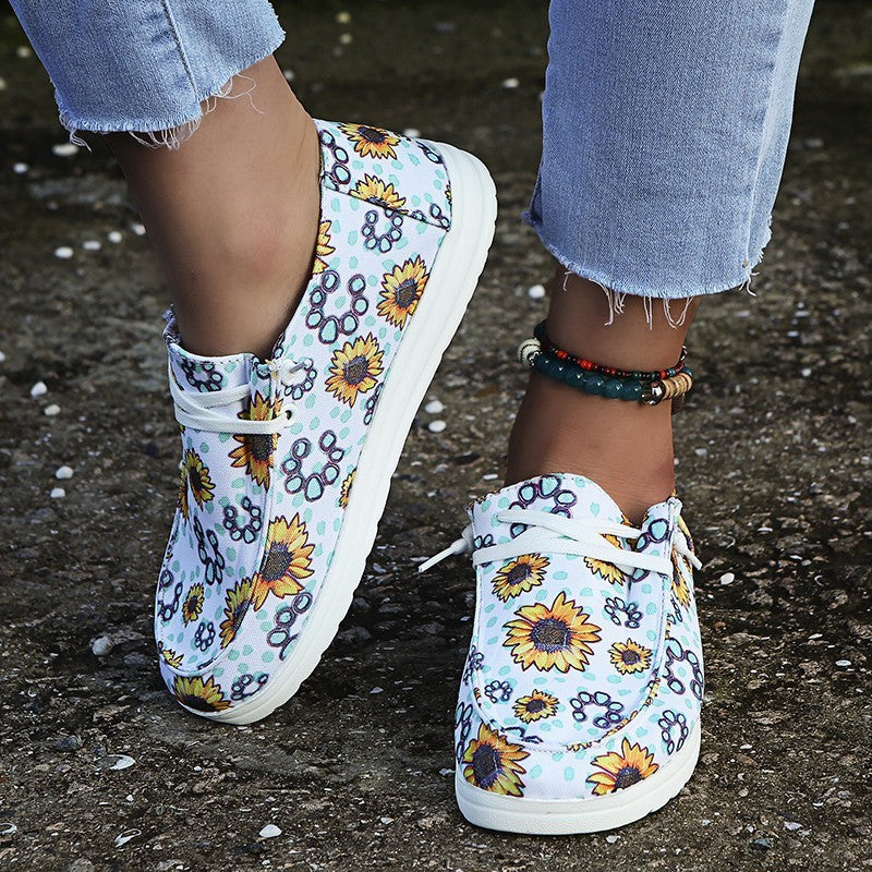 Loafers Dames Zonnebloem Print Flats Casual Canvas Schoenen Zonder veter Luie Schoenen