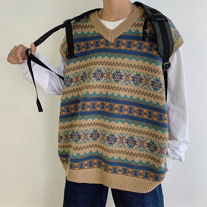 Ethnic style jacquard sweater vest - Mubimart