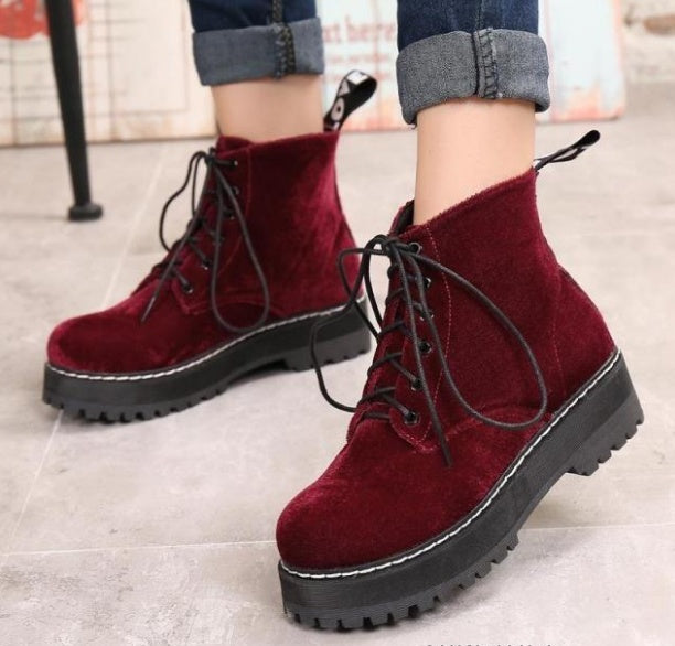 Vintage boots velvet straps ankle boots female tendon thick Martin boots