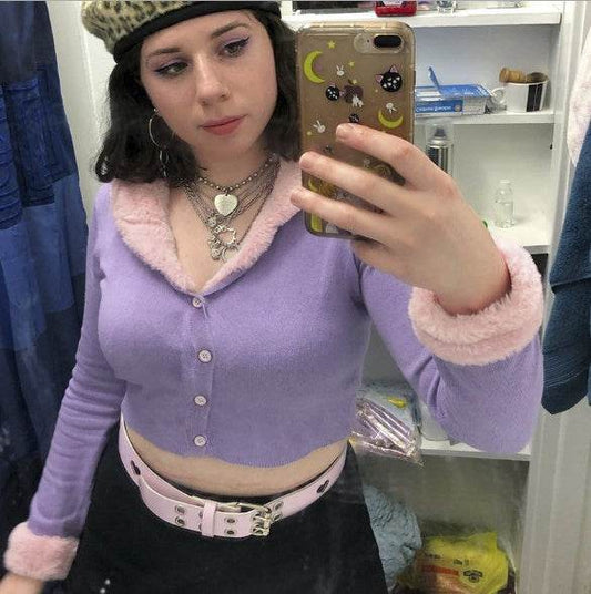 Purple Women Long Sleeve Crop Top - Mubimart