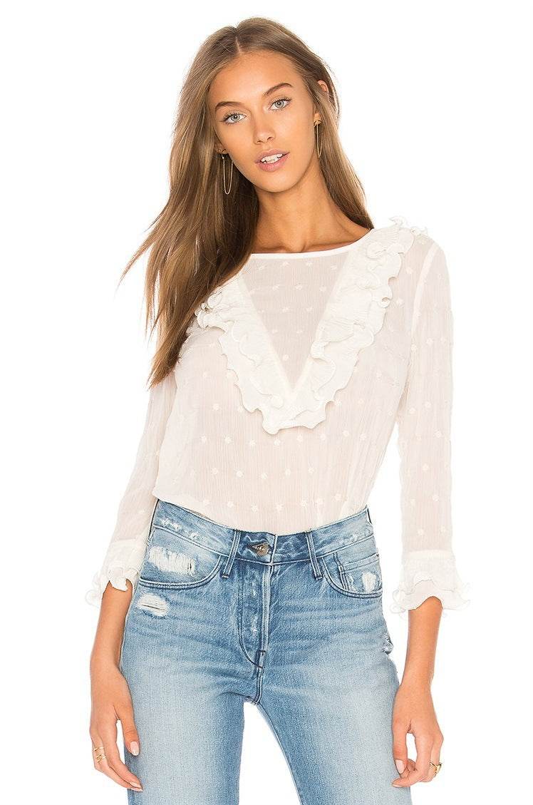 Feitong Women Ladies Blouses And Tops Casual Ruffles Lace Polka Dot O Neck Shirt Long Sleeve Blouse blusas mujer de moda - Mubimart