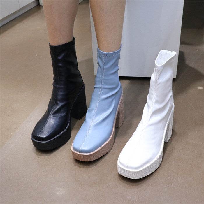 Korean Boots Square Toe Chunky Heel Waterproof - Mubimart
