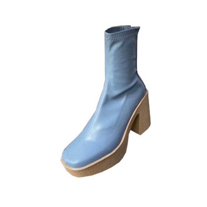 Korean Boots Square Toe Chunky Heel Waterproof - Mubimart