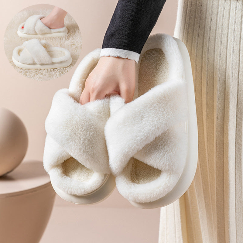 Women's Platform Fuzzy Home Slippers Winter Open Toe Criss-cross Solid Color Casual Floor Slides Indoor Flat Comfy House Shoes - Mubimart - Fuzzy Slipper 