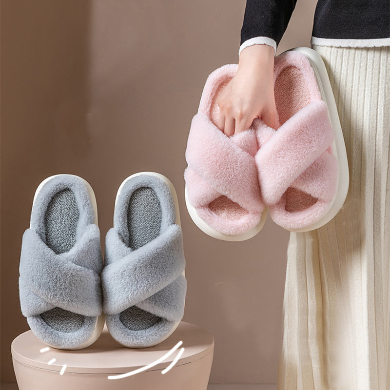 Women's Platform Fuzzy Home Slippers Winter Open Toe Criss-cross Solid Color Casual Floor Slides Indoor Flat Comfy House Shoes - Mubimart -  