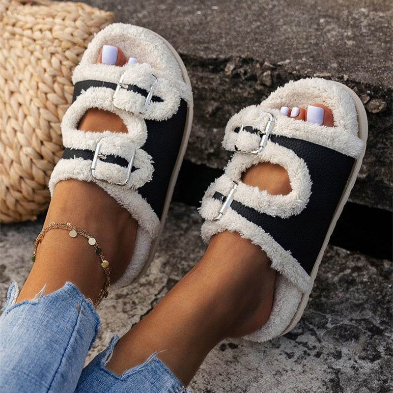 Autumn Winter Slipper Thick Sole Buckle Lamb Swool Slippers For Women Outdoor Gardern Indoor Lazy Plush Shoes - Mubimart