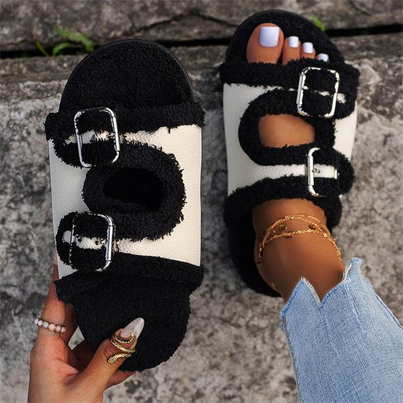 Autumn Winter Slipper Thick Sole Buckle Lamb Swool Slippers For Women Outdoor Gardern Indoor Lazy Plush Shoes - Mubimart