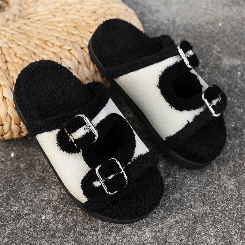 Autumn Winter Slipper Thick Sole Buckle Lamb Swool Slippers For Women Outdoor Gardern Indoor Lazy Plush Shoes - Mubimart