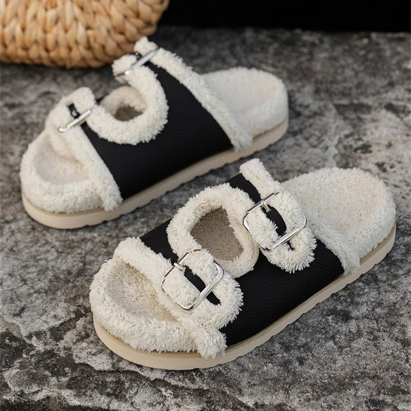 Autumn Winter Slipper Thick Sole Buckle Lamb Swool Slippers For Women Outdoor Gardern Indoor Lazy Plush Shoes - Mubimart -  