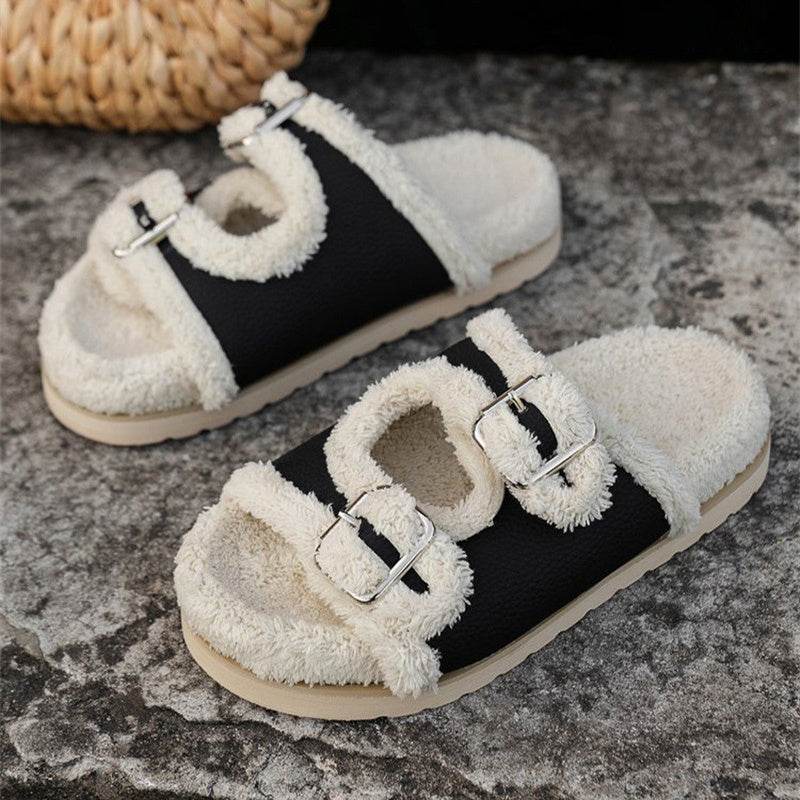 Autumn Winter Slipper Thick Sole Buckle Lamb Swool Slippers For Women Outdoor Gardern Indoor Lazy Plush Shoes - Mubimart