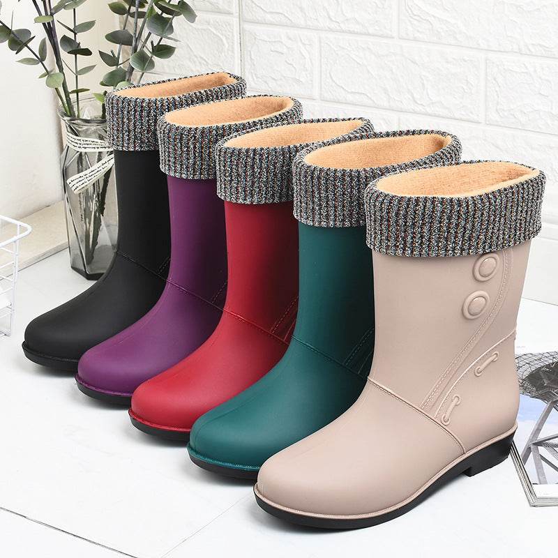 Fashion Velvet Padded Rain Boots Women Warm Knee-high Rain Boots - Mubimart