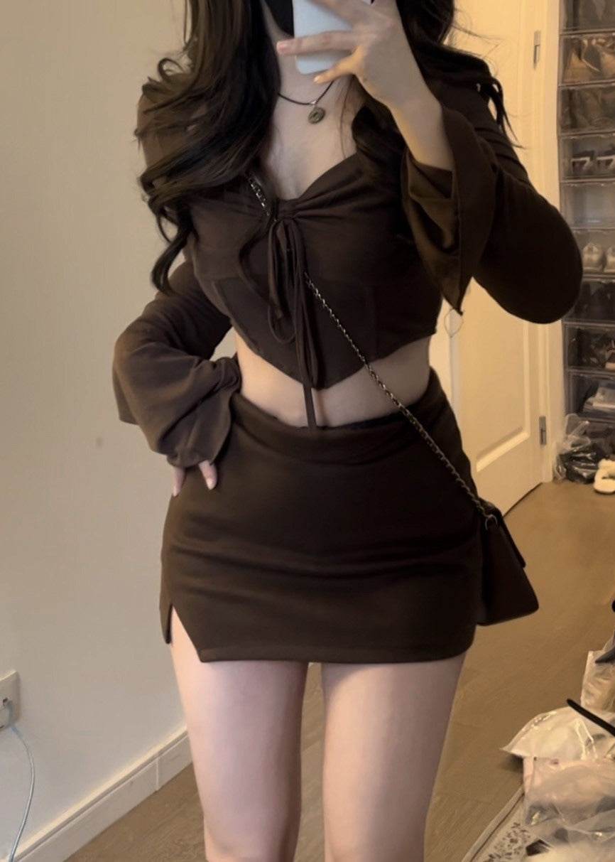 Top Long Sleeve Short Dress Young Wear Brown Two-piece Suit - Mubimart