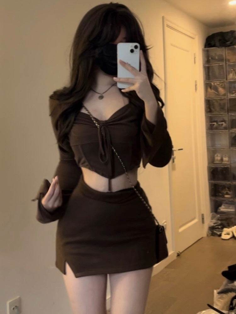 Top Long Sleeve Short Dress Young Wear Brown Two-piece Suit - Mubimart