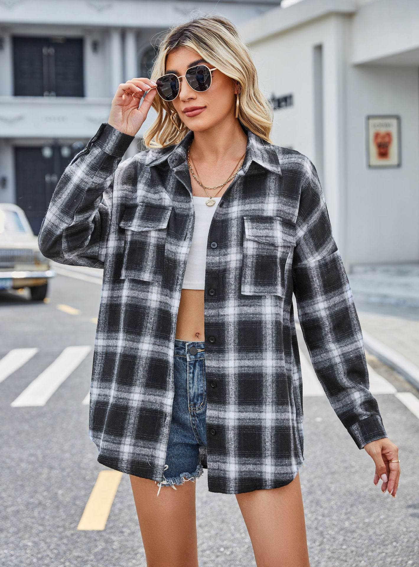 European And American Autumn And Winter Leisure Long Sleeve Flannel Plaid Pocket Shirt - Mubimart
