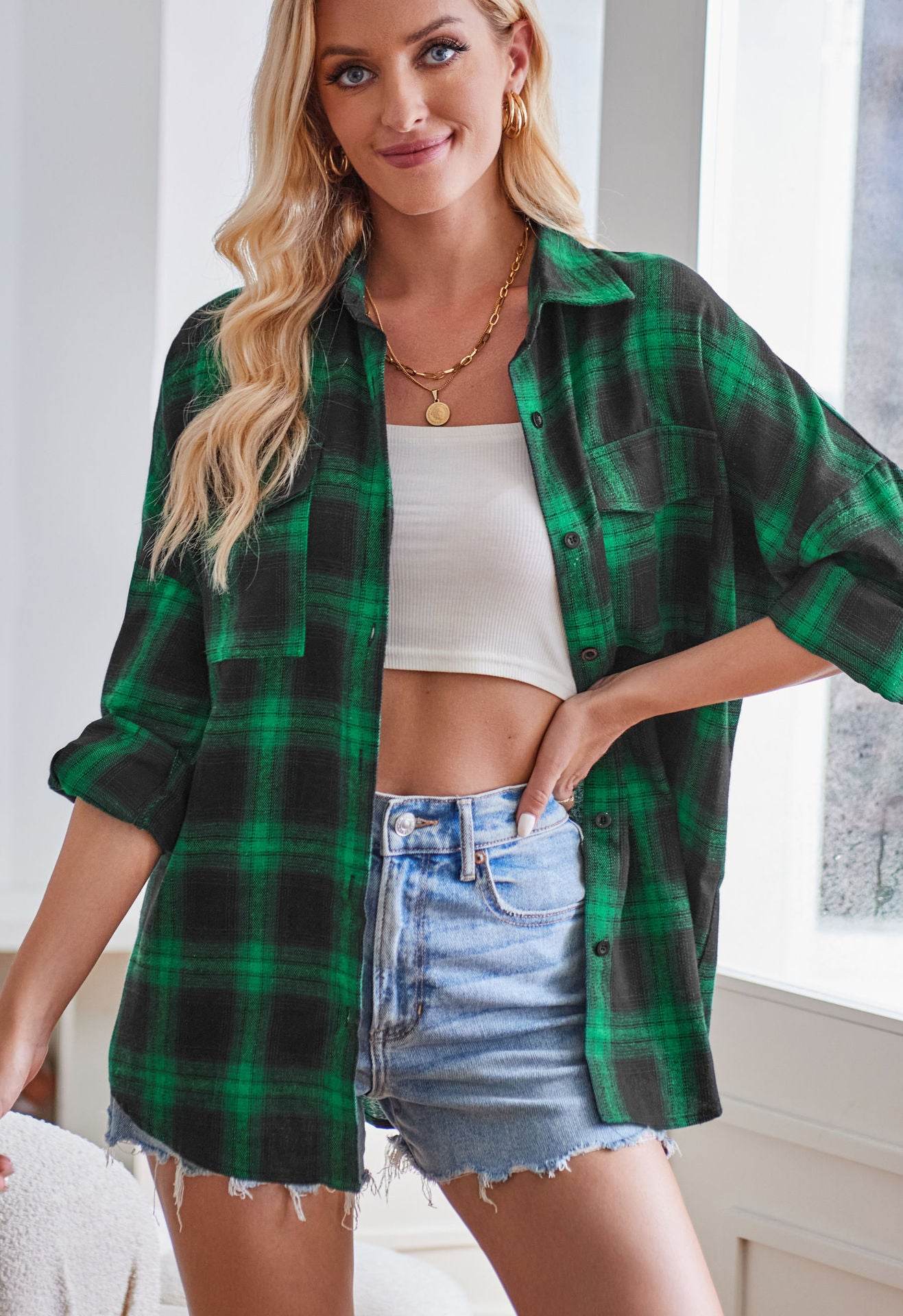European And American Autumn And Winter Leisure Long Sleeve Flannel Plaid Pocket Shirt - Mubimart