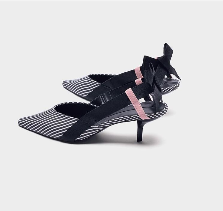 Boussac Stripe Kitten Heel Women Mules Pointed Toe Bowtie Women Sandals High Heels Summer Slip on Shoes Women SWC0112