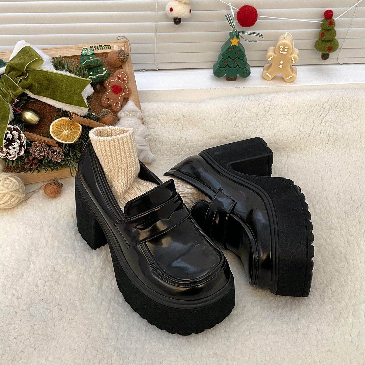 Mary Jane Short Heel High Heels Small Height-increasing British Platform Loafers Leather Shoes For Women - Mubimart