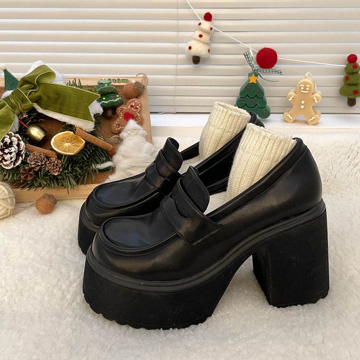 Mary Jane Short Heel High Heels Small Height-increasing British Platform Loafers Leather Shoes For Women - Mubimart