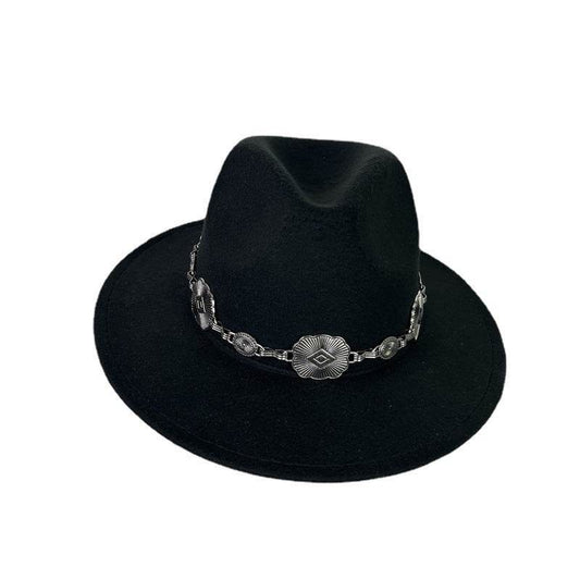 Hat Silver Square Chain Top Hat Wide Brim Flat Edge Woolen Fedora Hat - Mubimart