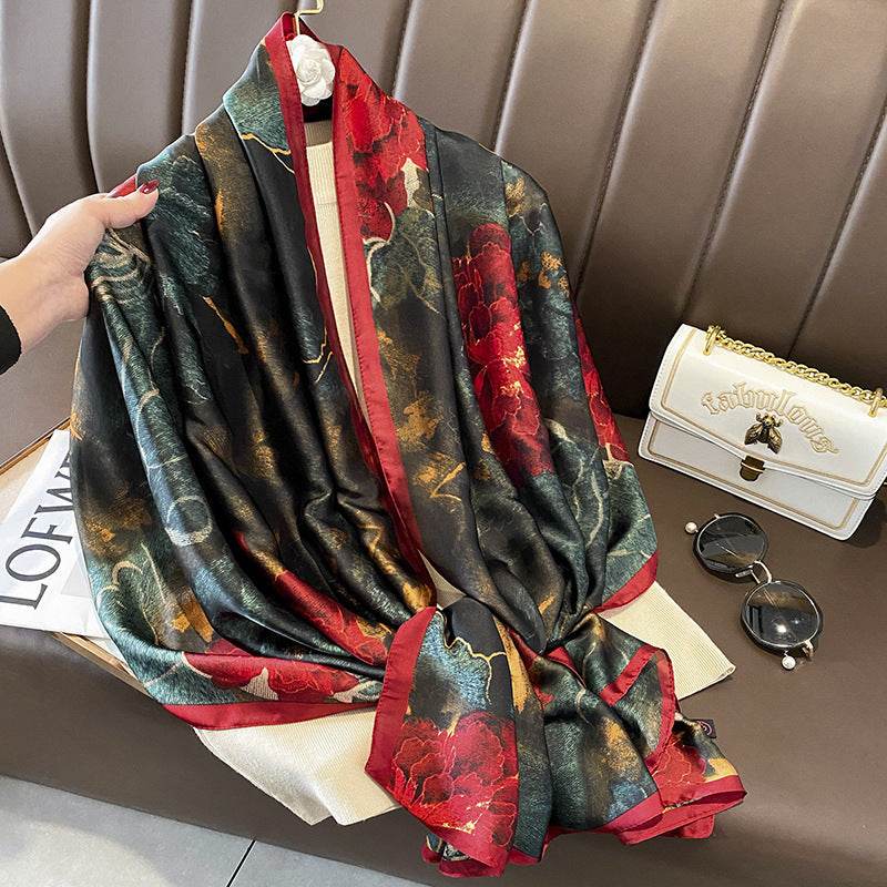 Flower Lightweight Sunscreen Imitated Silk Scarves - Mubimart