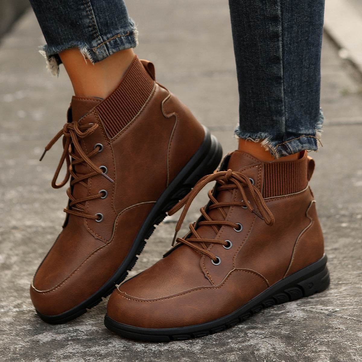 Round Toe Lace-up Ankle Boots Fall Winter Fashion Versatile Non-slip Flat Shoes Retro Western Cowboy Ankle Boot For Women - Mubimart