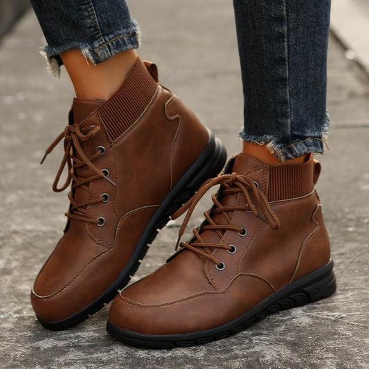 Round Toe Lace-up Ankle Boots Fall Winter Fashion Versatile Non-slip Flat Shoes Retro Western Cowboy Ankle Boot For Women - Mubimart