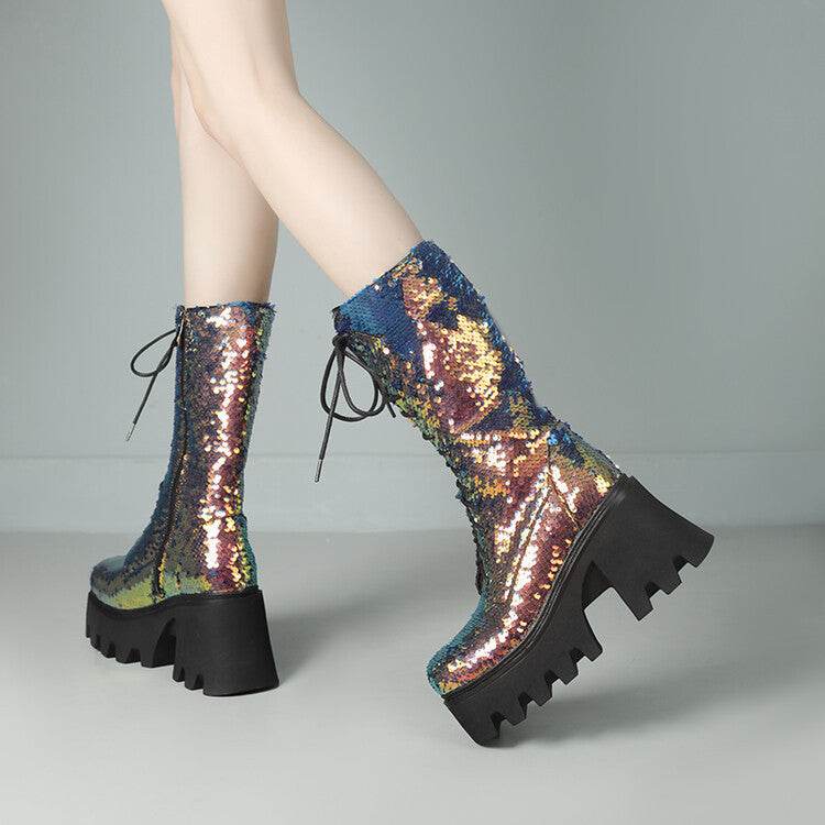 Sequins Mid-calf Martin Boots Round Head Front - Mubimart