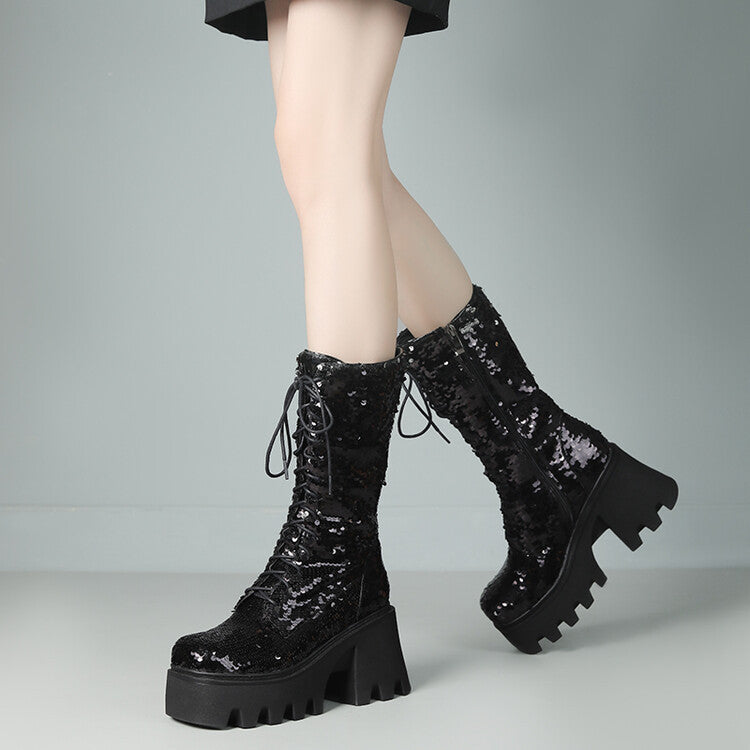 Sequins Mid-calf Martin Boots Round Head Front