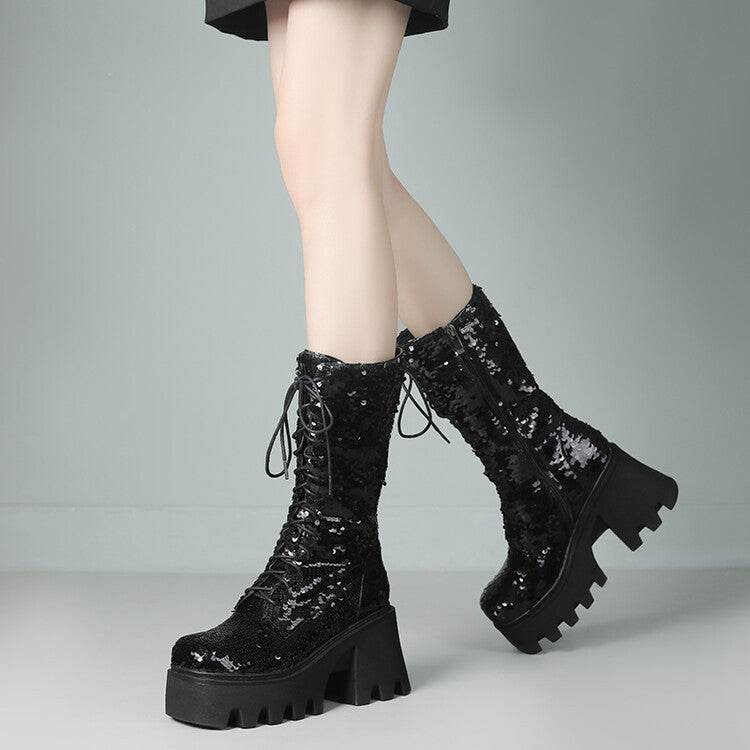 Sequins Mid-calf Martin Boots Round Head Front - Mubimart