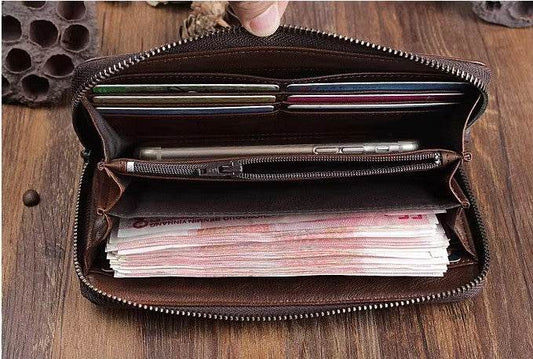 Men's Handmade Sheepskin Retro Long Wallet - Mubimart