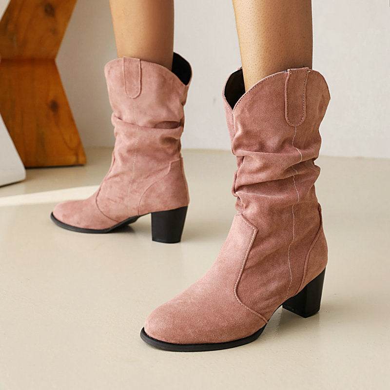 Chunky Heel High Heel Frosted Mid-calf Boots For Women - Mubimart